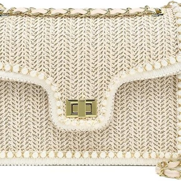 Straw Crossbody Bag for Women Pearl Summer Beach Purse Elegant Boho